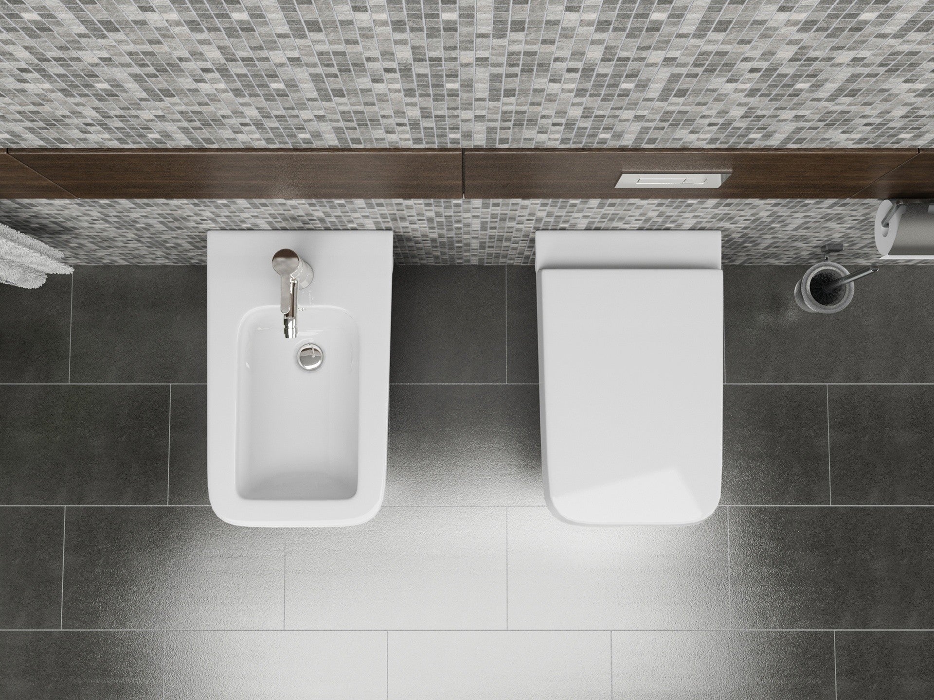 Coppia sanitari in ceramica  filomuro WC e bidet con sedile soft close