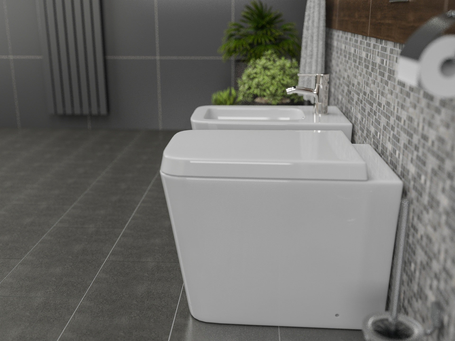 Coppia sanitari in ceramica  filomuro WC e bidet con sedile soft close