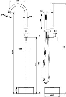 Miscelatore a piantana per vasca Zeda con deviatore e doccetta inclusa