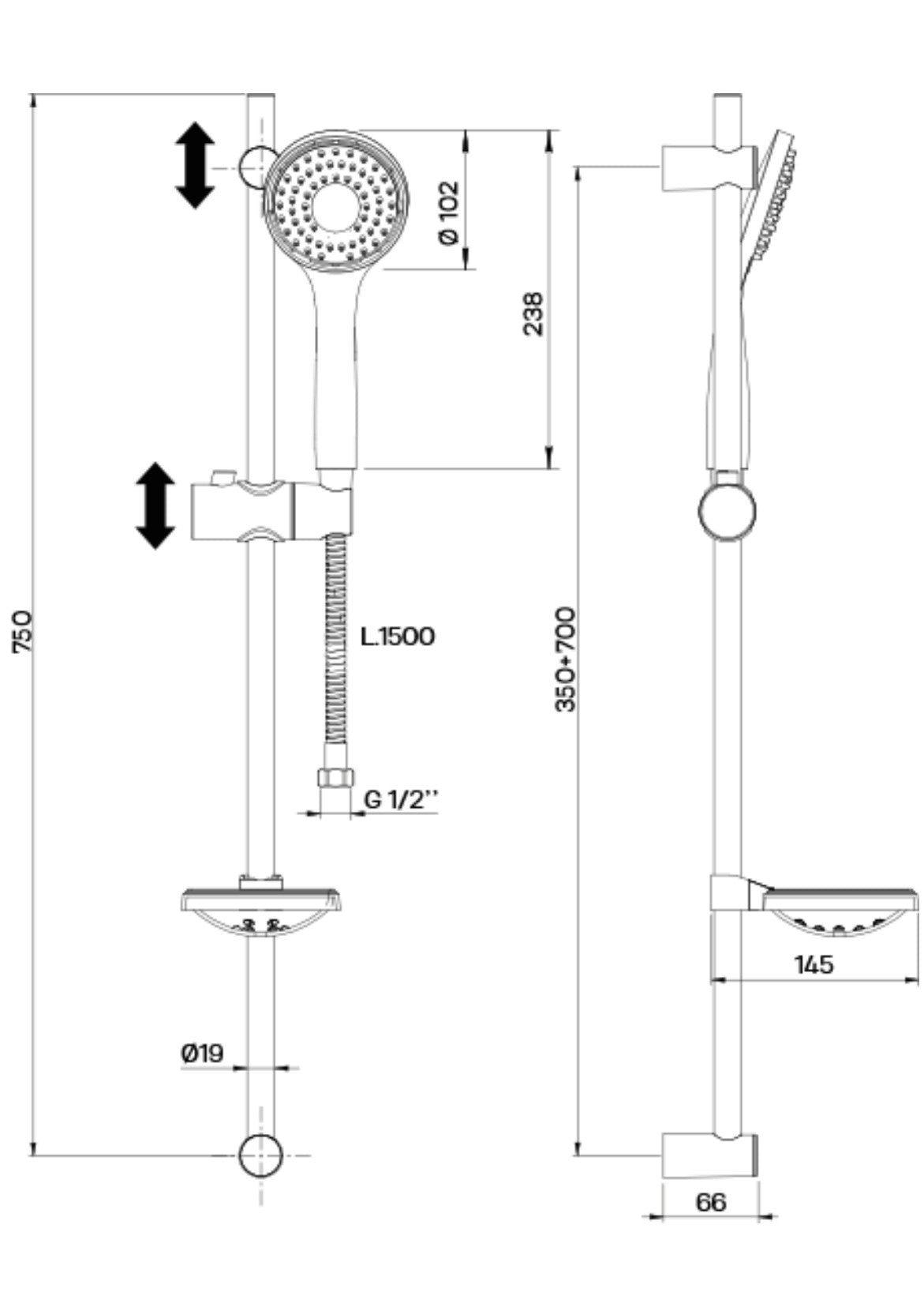 Set doccia con asta saliscendi in metallo e doccetta 3 getti Spyr