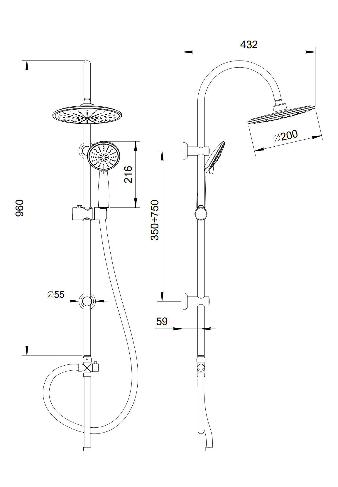 Colonna doccia Sherry nera in metallo tonda con doccetta a 3 getti e soffione anticalcare