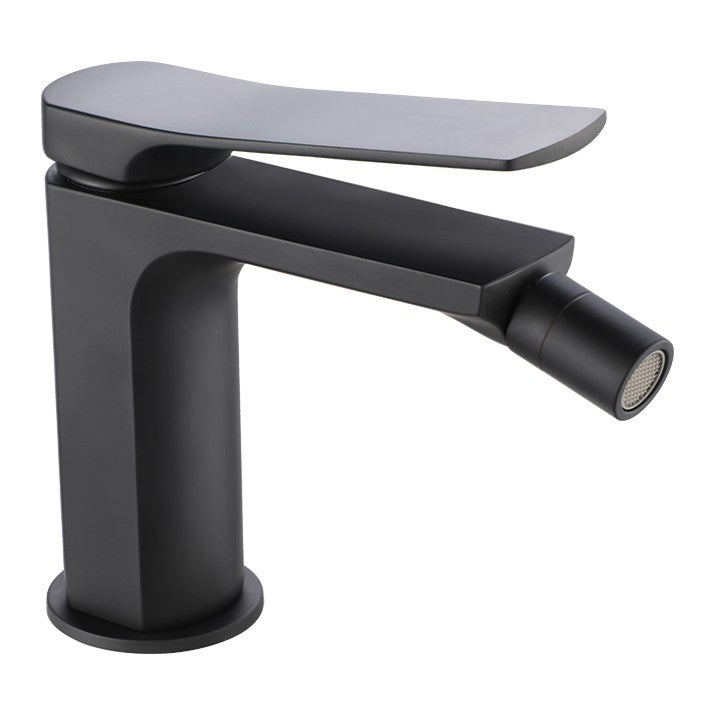 Miscelatore bidet monoforo in ottone nero opaco modello Kora con leva inclinata e piletta clic-clac inclusa