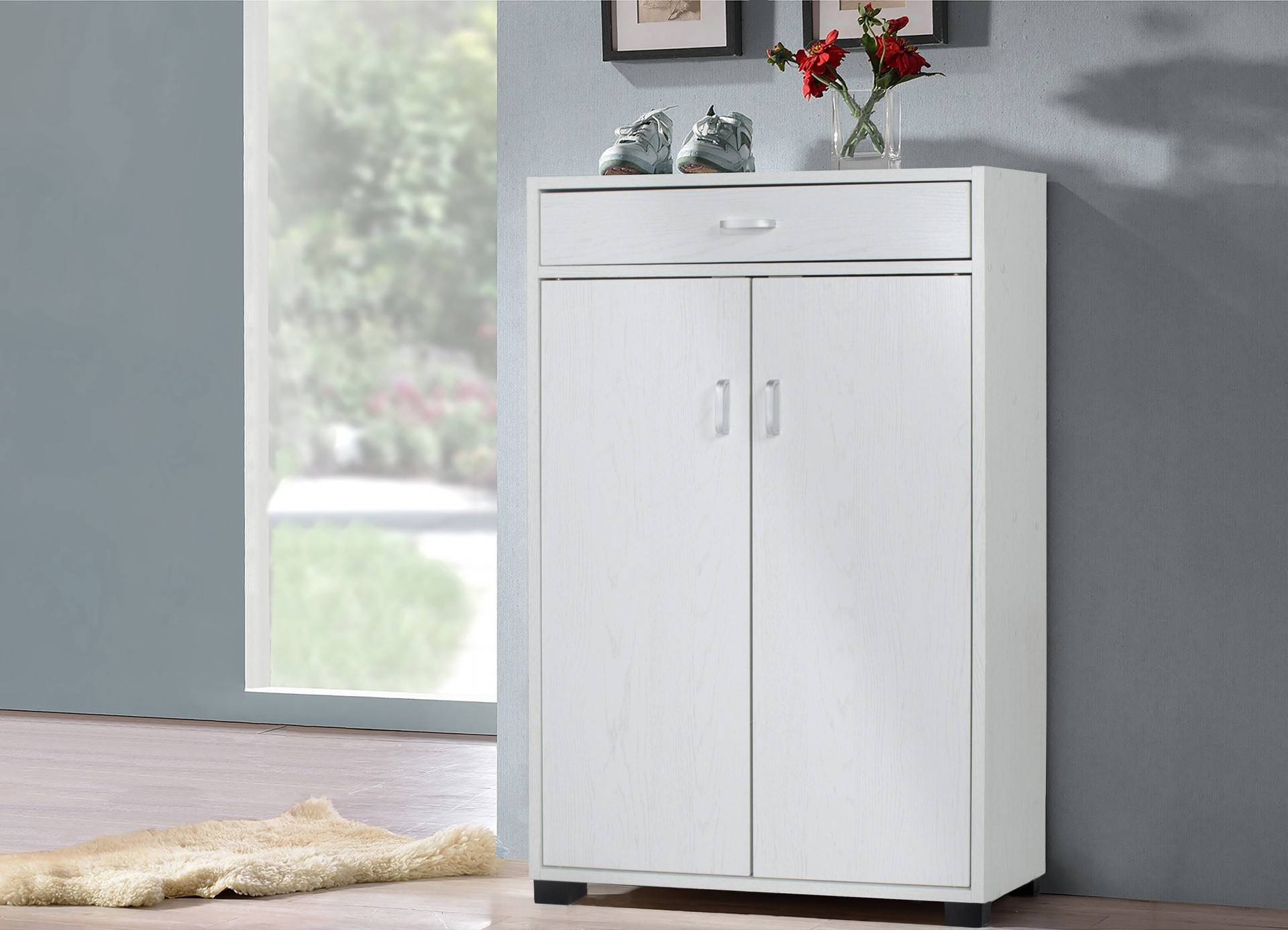 Scarpiera multiuso con 2 ante e 1 cassetto, legno sbiancato 63X33X95cm