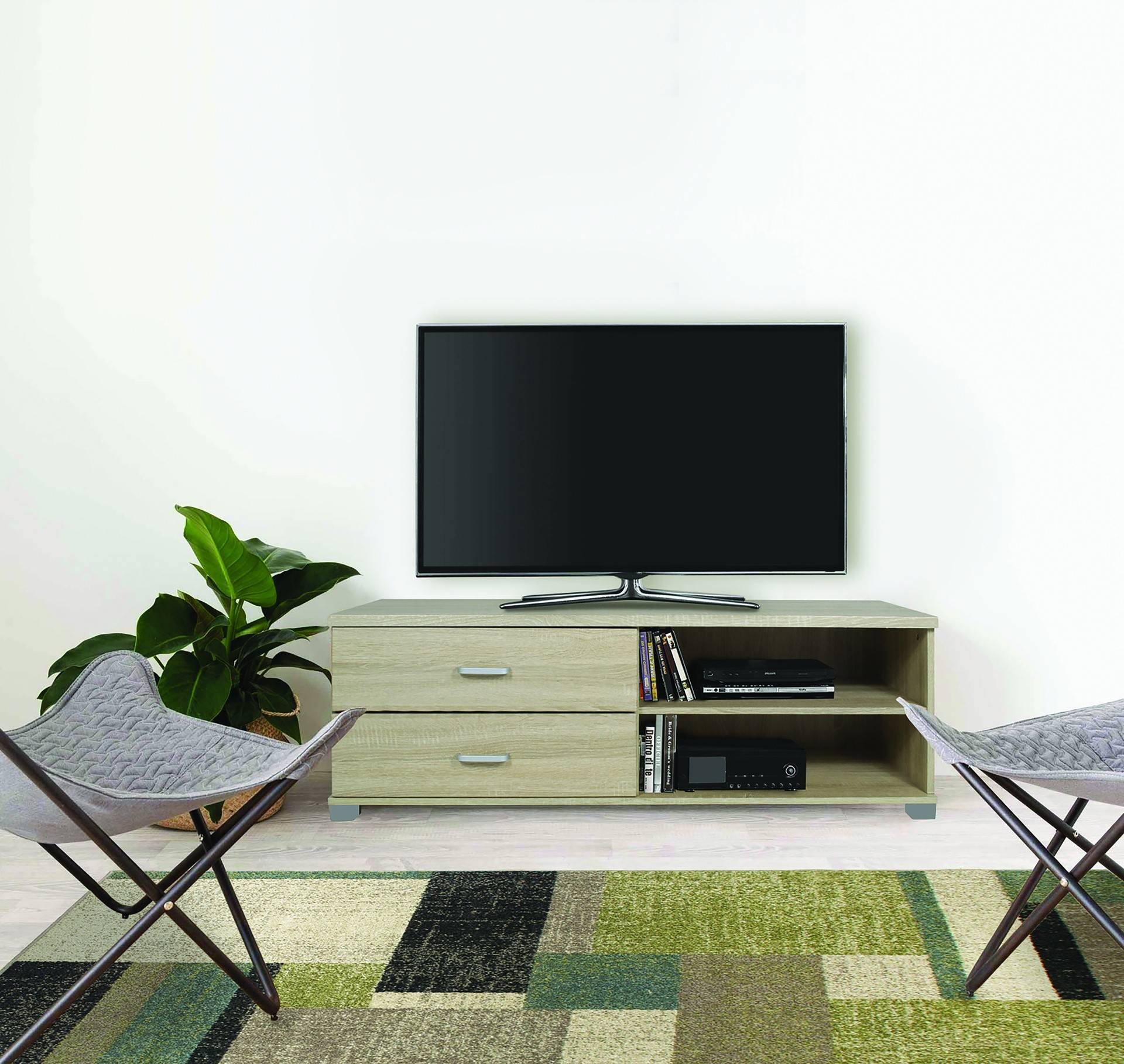 Mobile porta tv con cassetti e ripiani in rovere 120x40x43,5 cm