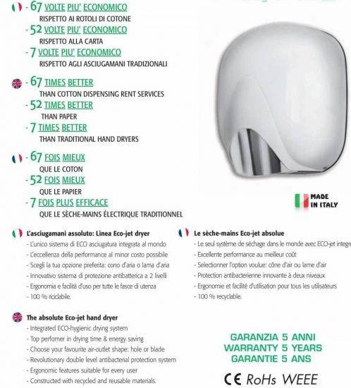 Asciugamani elettrico ECOSTREAM SF1100 hot alluminio Cromo satinato