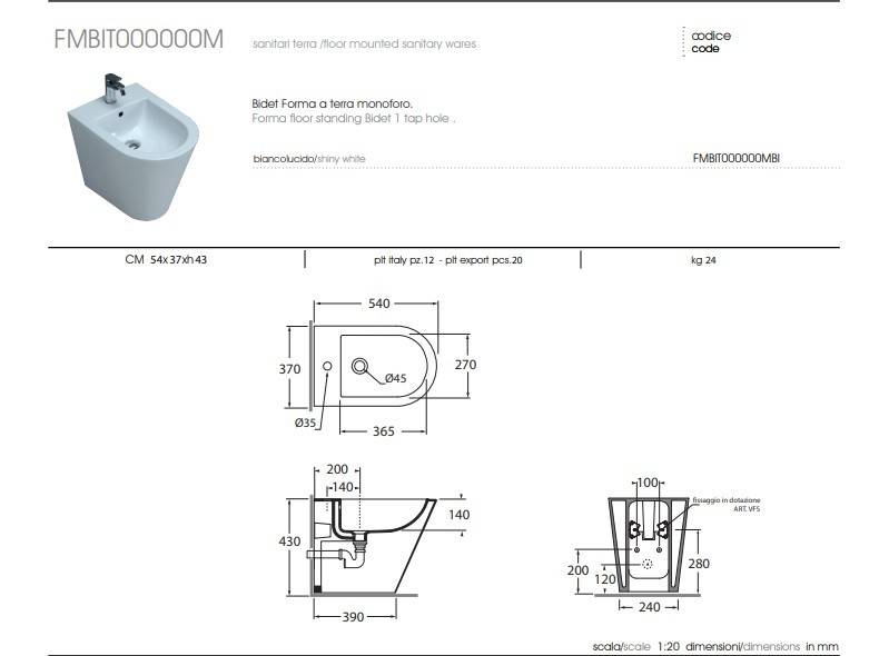 Bidet filomuro mod. Forma in ceramica bianca lucida