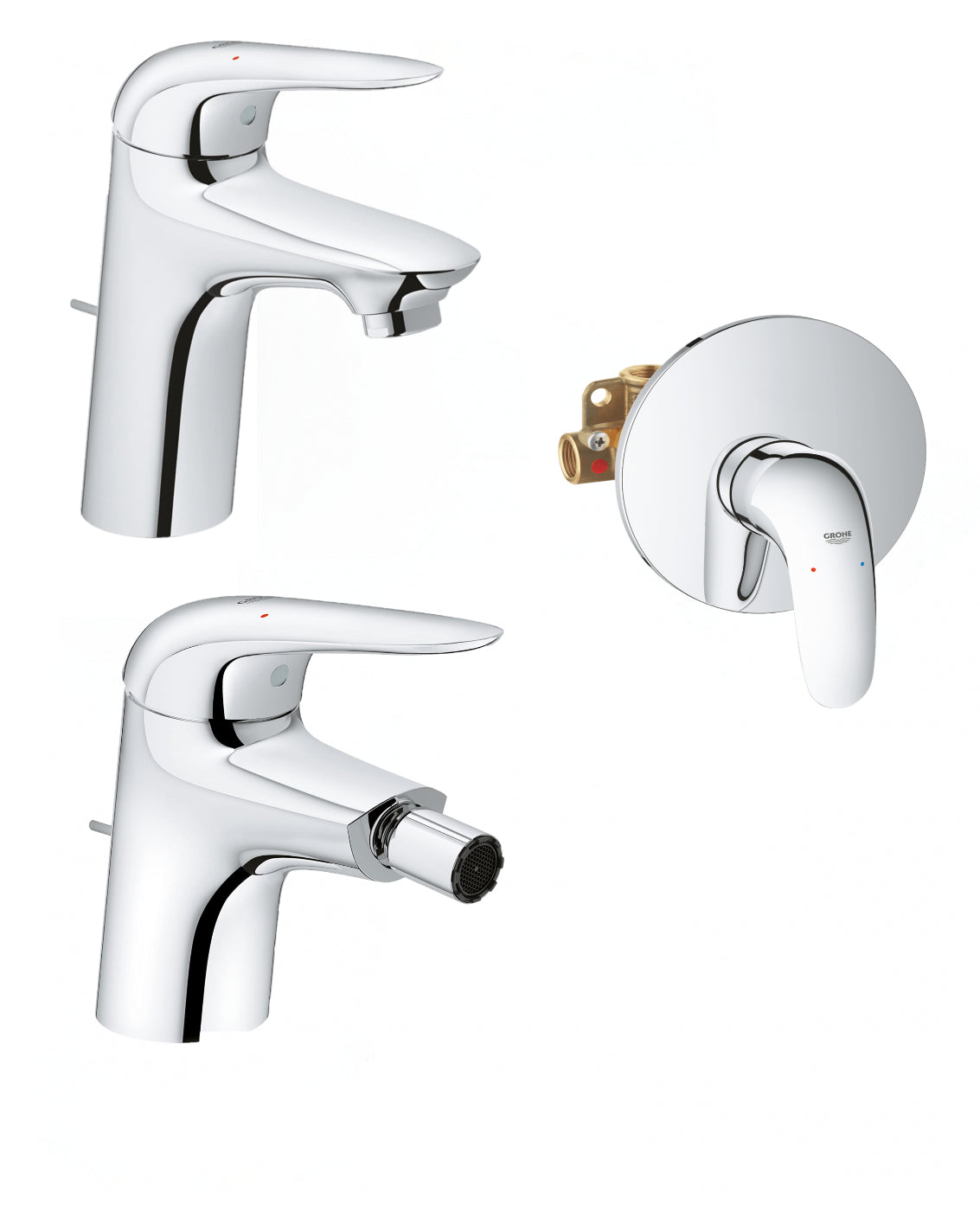 Set miscelatori lavabo bidet e incasso doccia con leva aperta Eurostyle