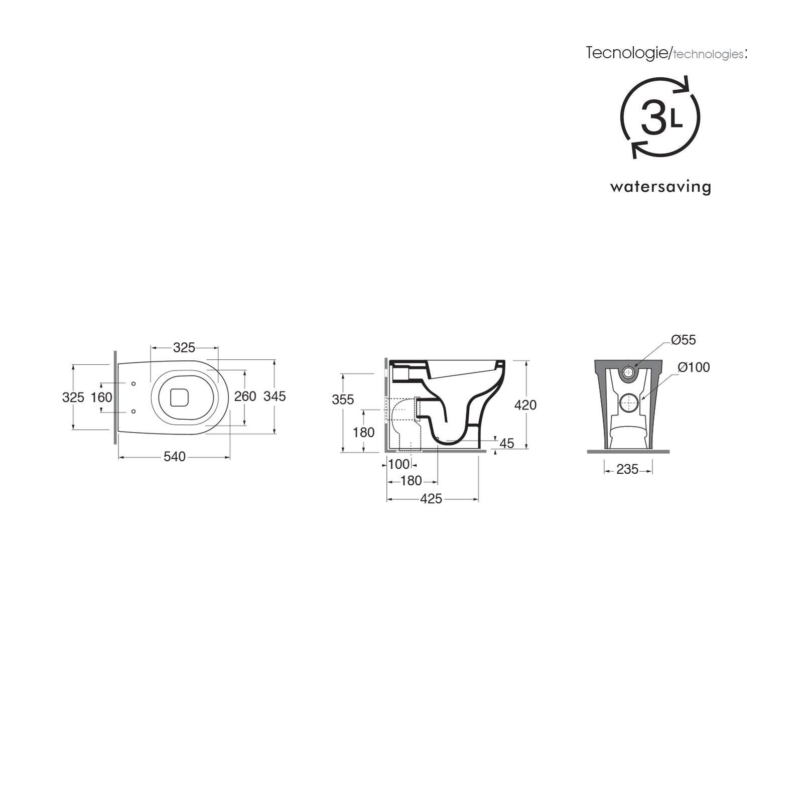 Sanitari filo muro Azzurra Pratica terra wc + bidet e sedile