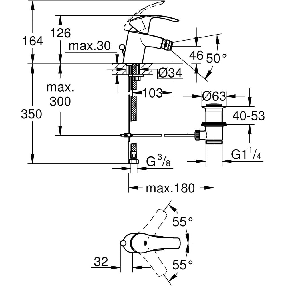 Miscelatore bidet eurosmart NEW" cromo + piletta 1"1/4 — Grohe