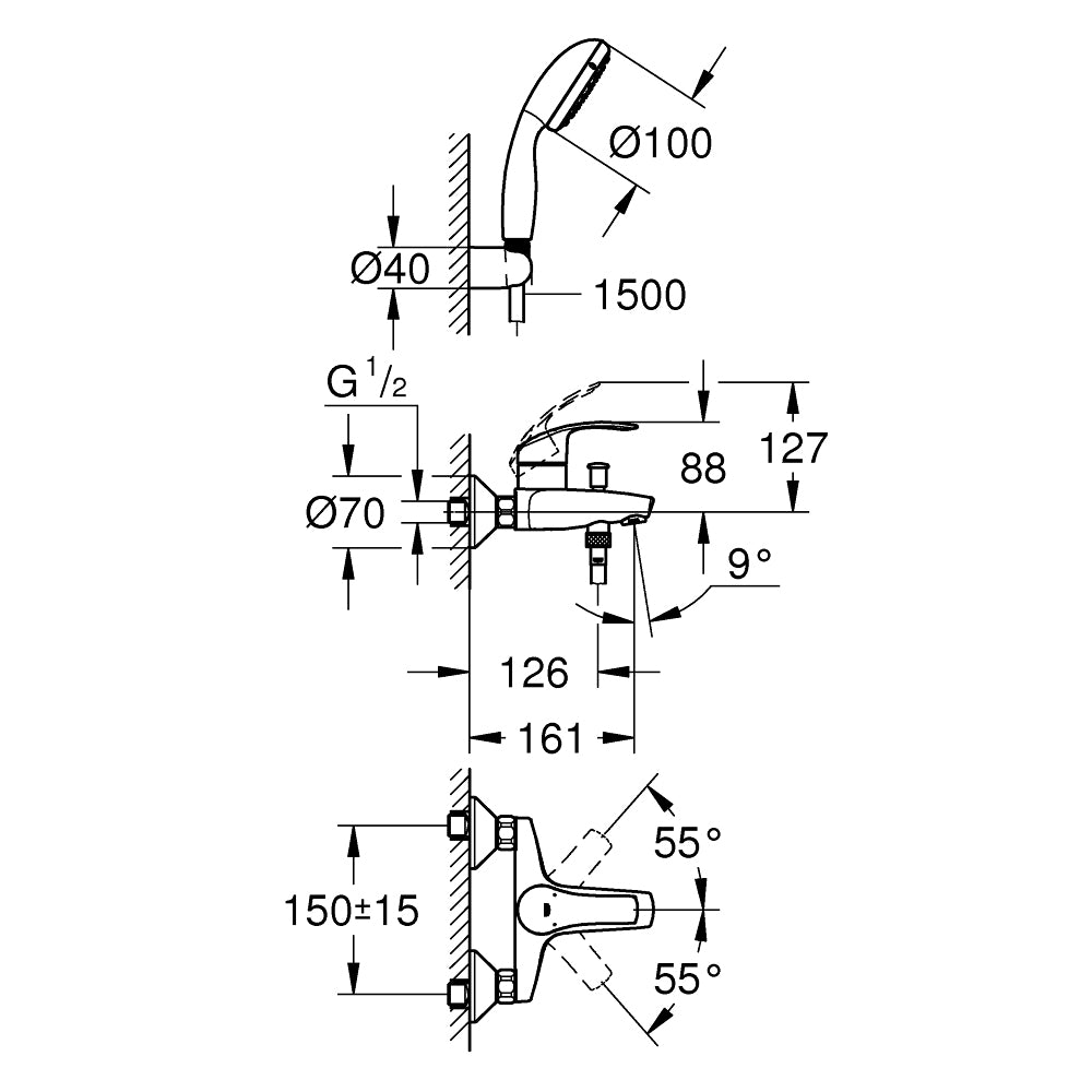 Miscelatore vasca esterno eurosmart NEW" cromo + set doccia — Grohe