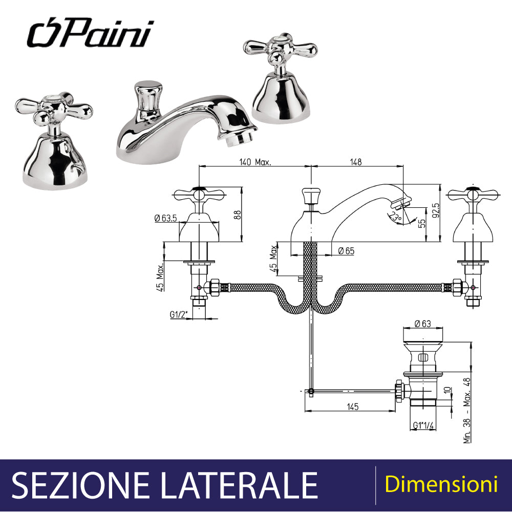 Batteria lavabo a tre fori Liberty cromo + piletta 1"1/4 — Paini