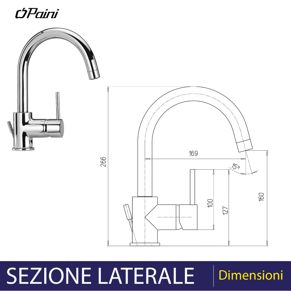 Miscelatore lavabo open new DISCO" bocca orientabile cromo + piletta 1"1/4 — Paini