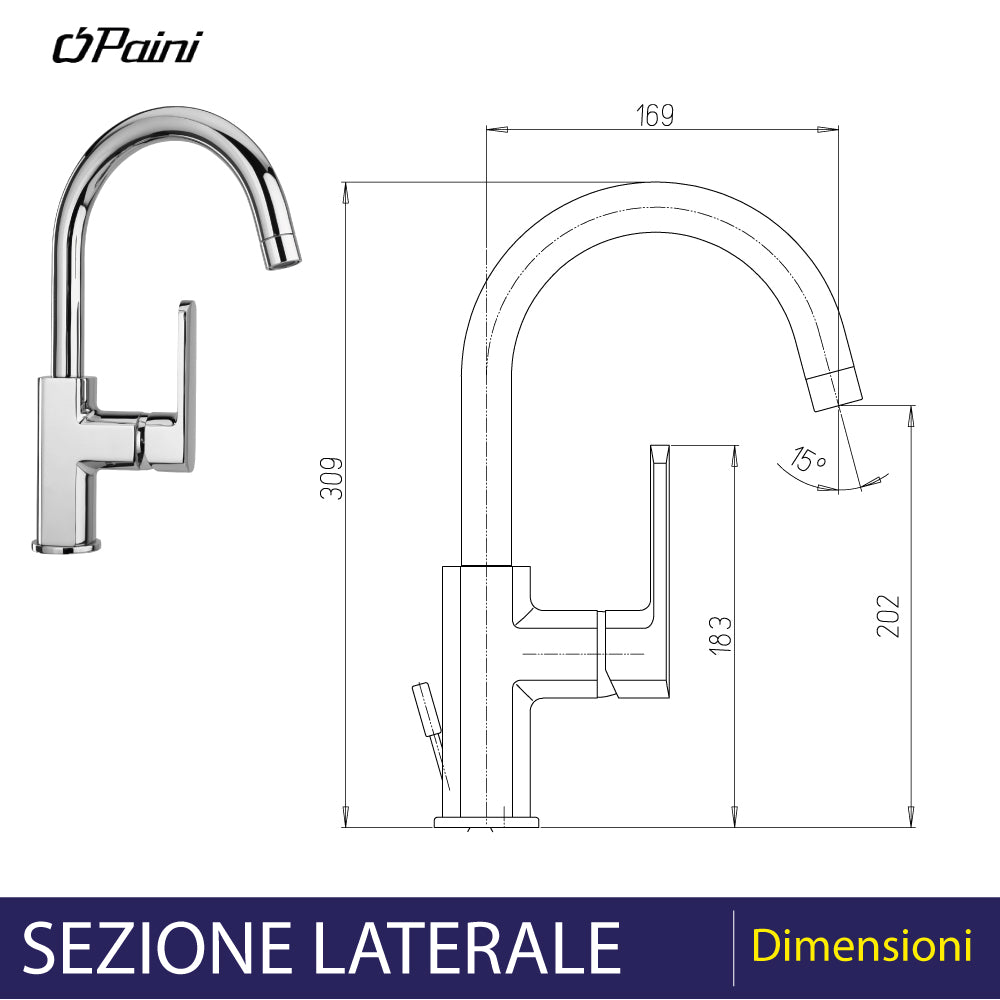 Miscelatore lavabo Stile con bocca orientabile cromo + piletta 1"1/4 — Paini