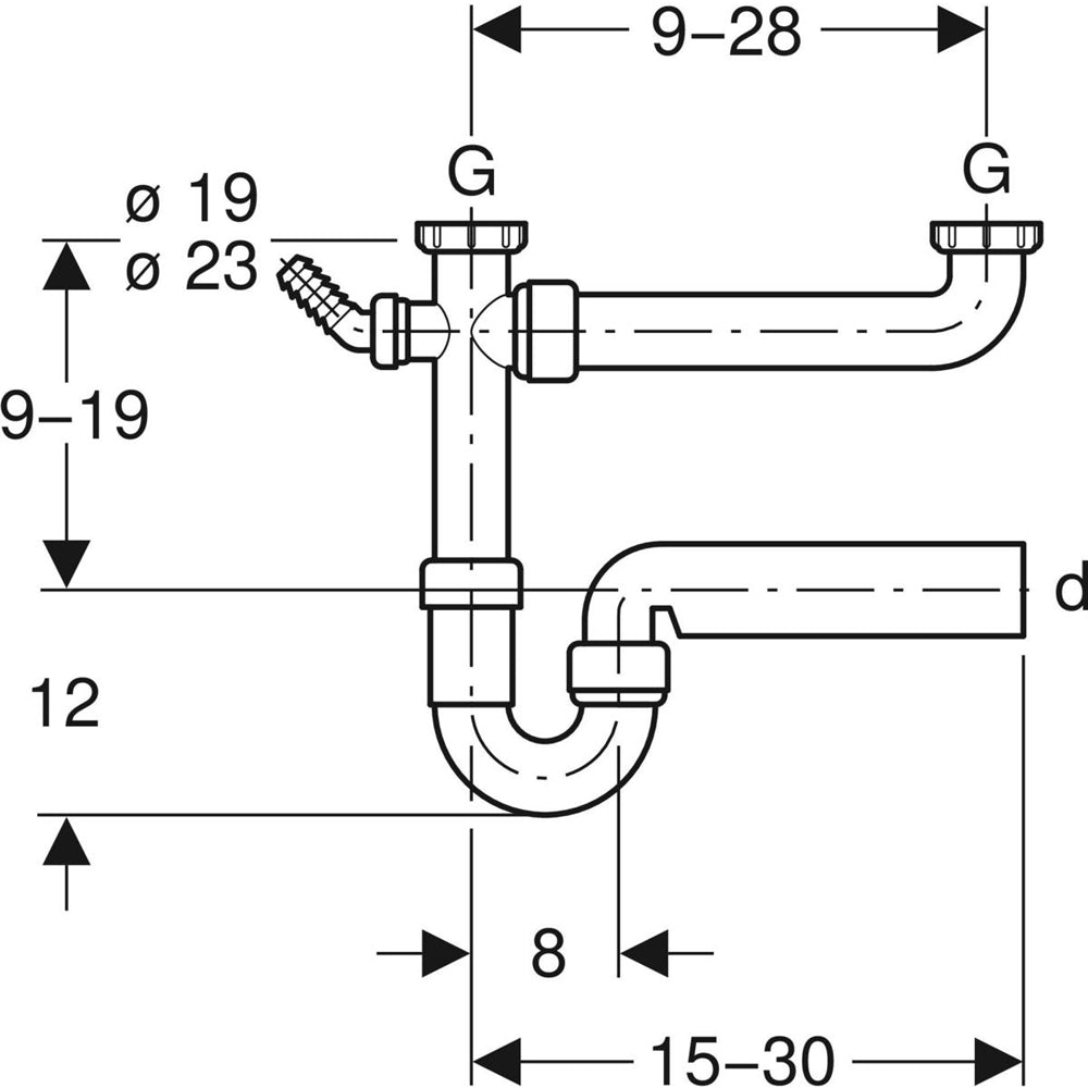 Sifone per lavello a 2 vie con attacco lavastoviglie 1"1/4 x Ø40 mm — Geberit