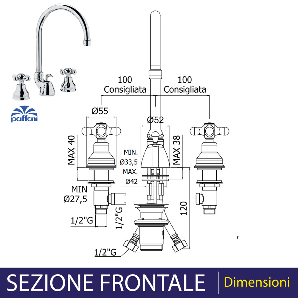 Batteria lavabo a bocca alta iris cromo + piletta 1"1/4 — Paffoni