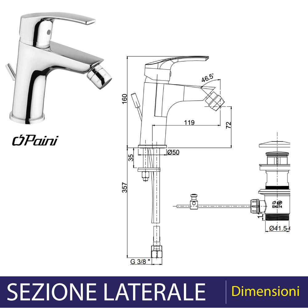 Miscelatore bidet new BERRY" cromo + piletta 1"1/4 — Paini