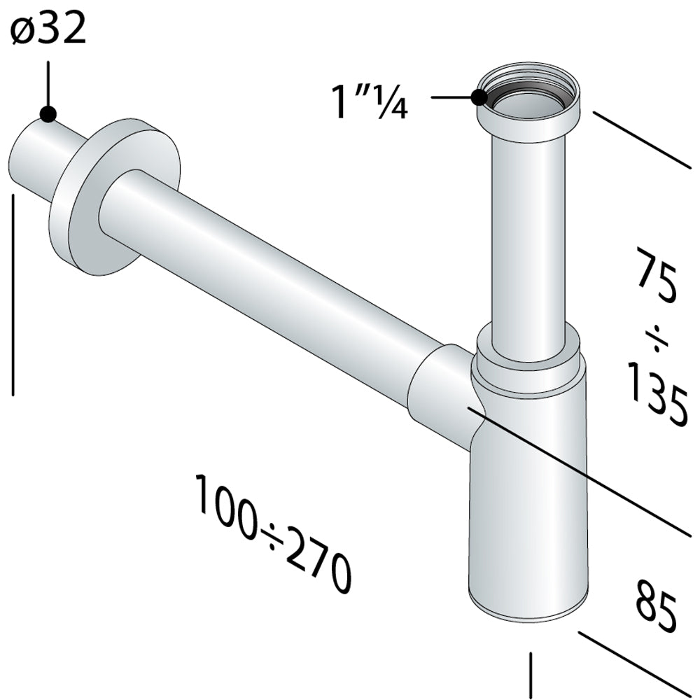 Sifone d'arredo tondo per lavabo Maomao tea cromato 1"1/4 - Ø32 x 250 mm — OMP