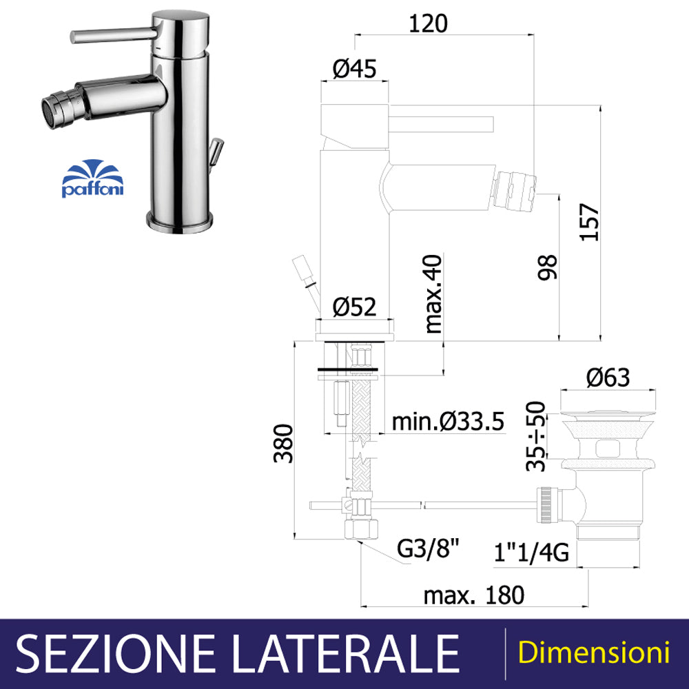 Miscelatore bidet Stick cromo + piletta 1"1/4 — Paffoni