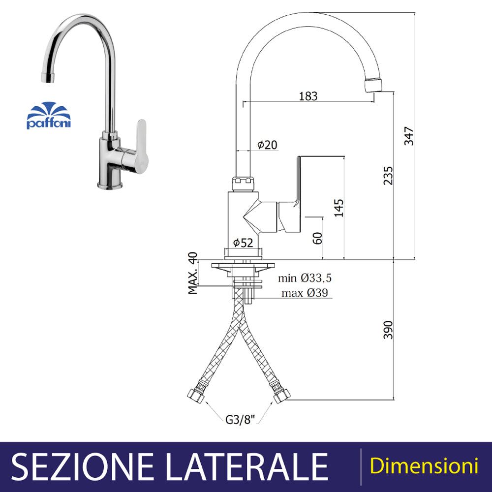 Miscelatore lavello a canna girevole Blu Ø20 mm + flex INOX — Paffoni