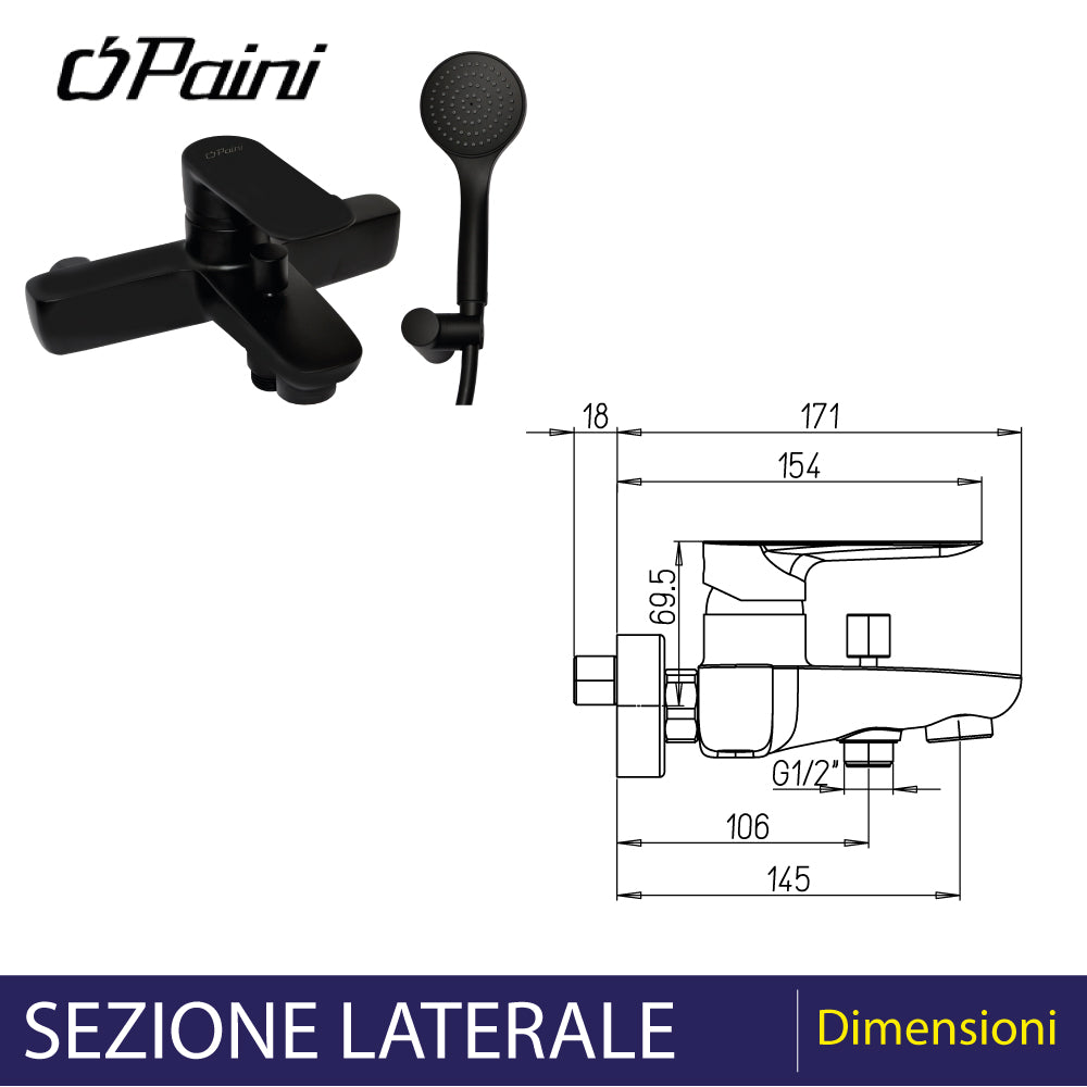 Miscelatore vasca esterno Nove nero opaco + set doccia — Paini