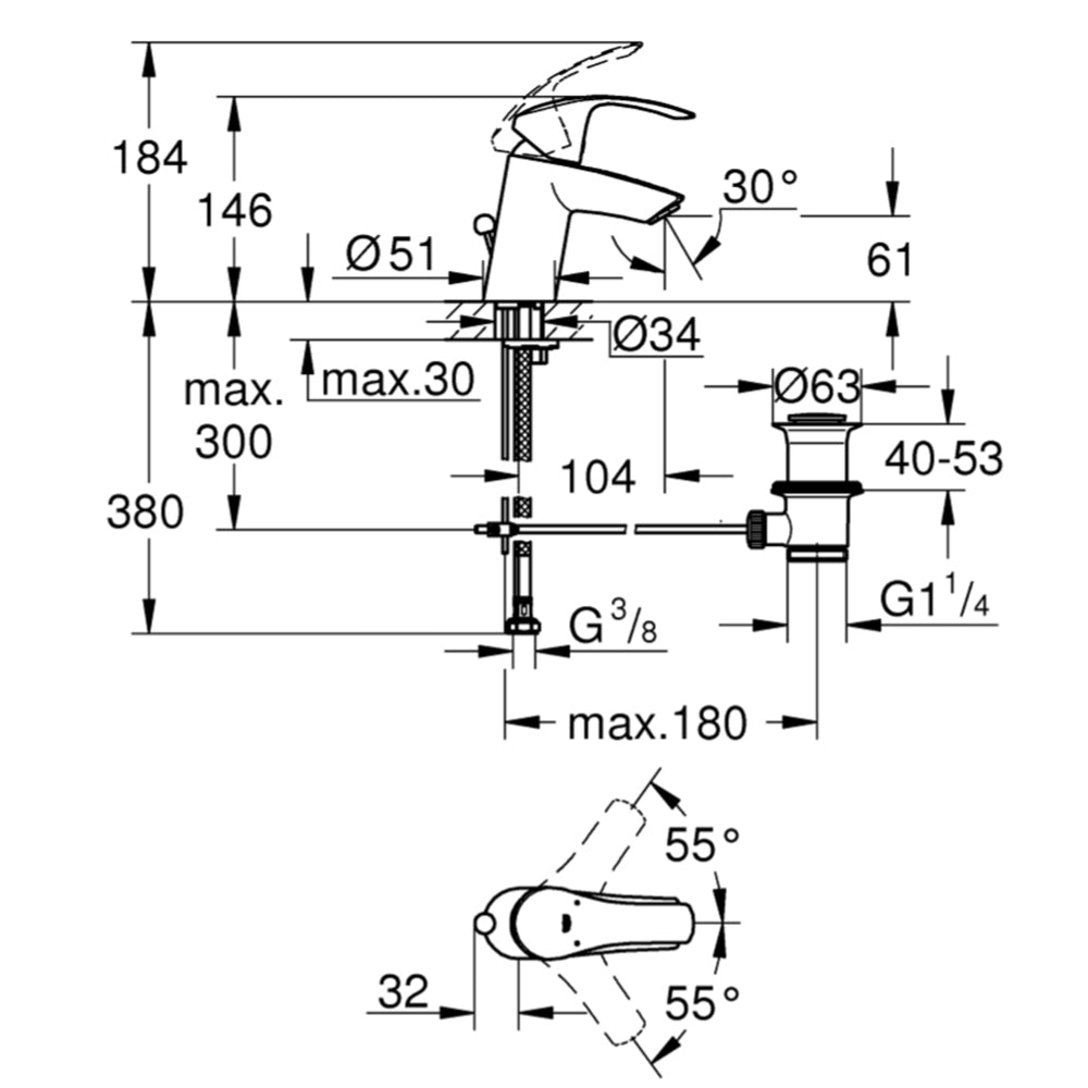 Miscelatore lavabo eurosmart NEW" cromo + piletta 1"1/4 — Grohe