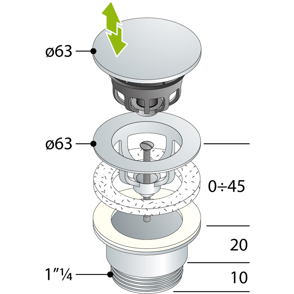 Piletta click clack universale con griglia fermacapelli 1"1/4 x Ø63 mm — OMP