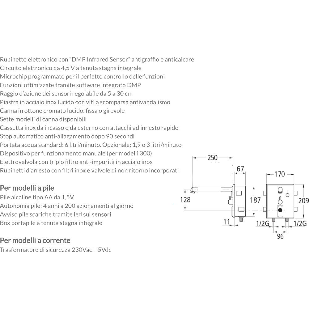 Miscelatore elettronico a fotocellula per lavabo a parete Speedy batteria 6V — DMP