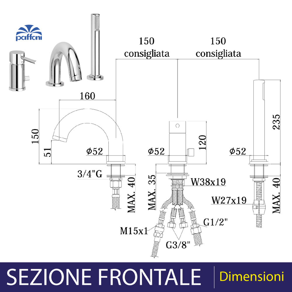 Batteria bordo vasca con doccetta estraibile Stick s/bocca erog. cromo — Paffoni
