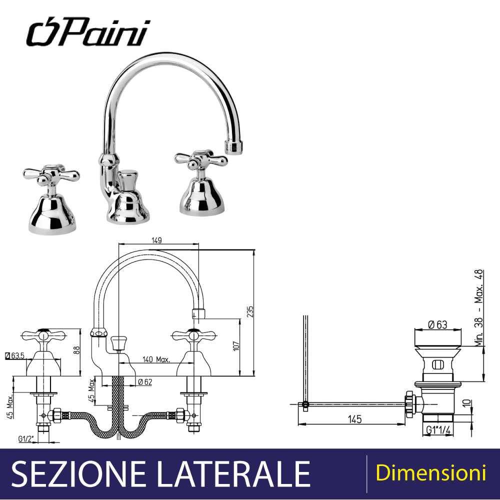 Batteria lavabo a tre fori con bocca alta orientabile Liberty cromo + piletta 1"1/4 — Paini