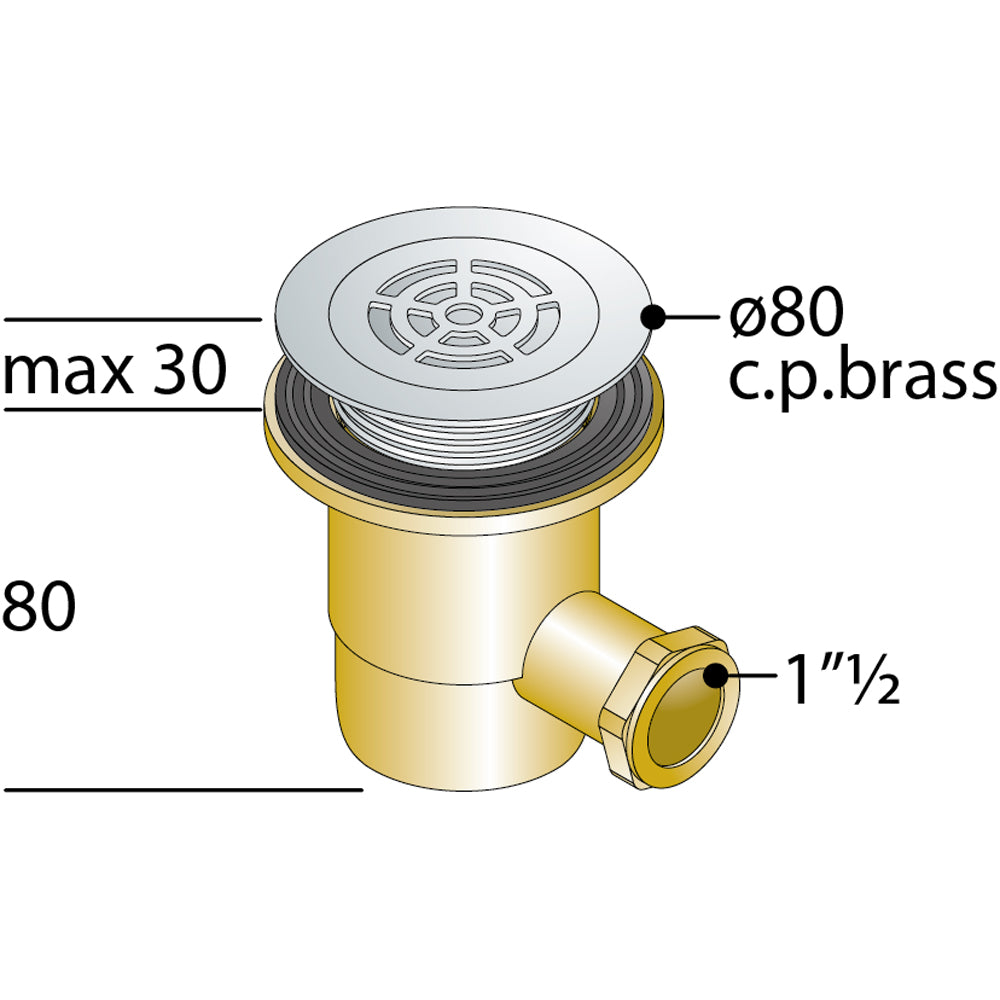 Piletta sifonata per piatto doccia con foro Ø60 in ottone OMP 1"1/2 x Ø80 mm