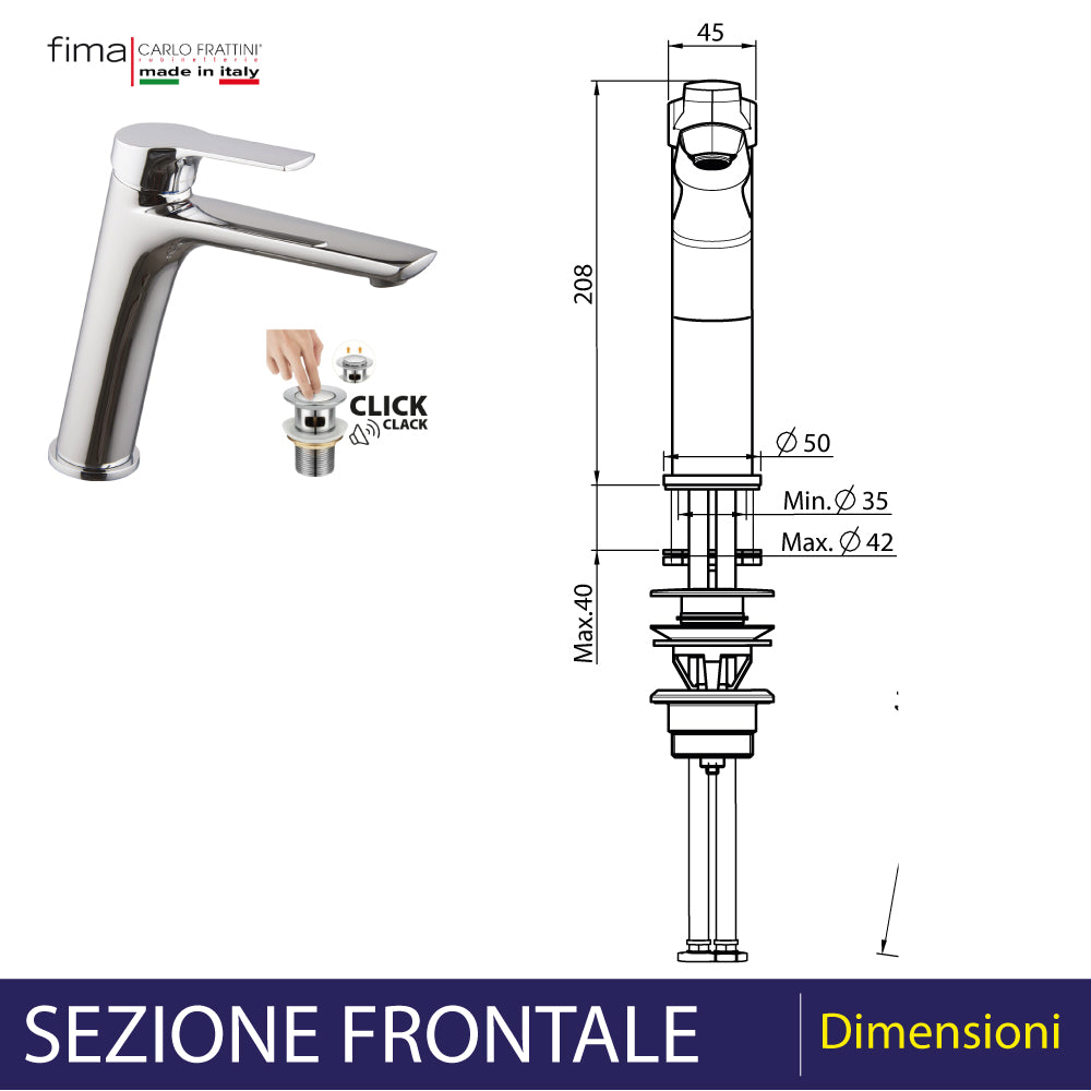 Miscelatore lavabo prolungato serie 4" con leva chiusa cromo + piletta 1"1/4 — FIMA