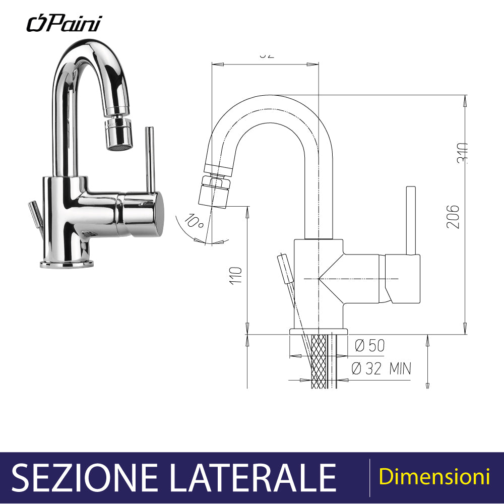 Miscelatore bidet con bocca orientabile open new DISCO" cromo + piletta 1"1/4 — Paini