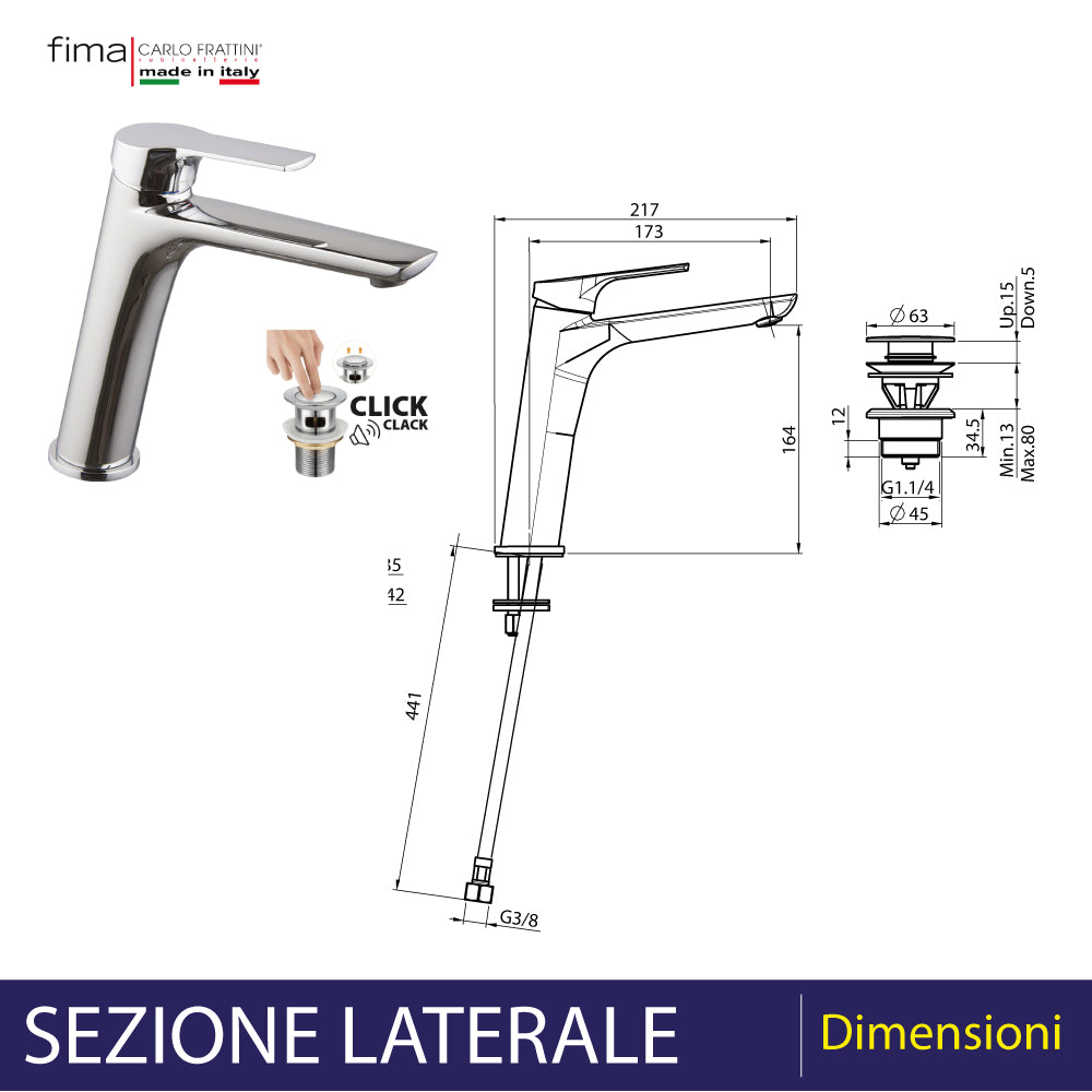 Miscelatore lavabo prolungato serie 4" con leva chiusa cromo + piletta 1"1/4 — FIMA