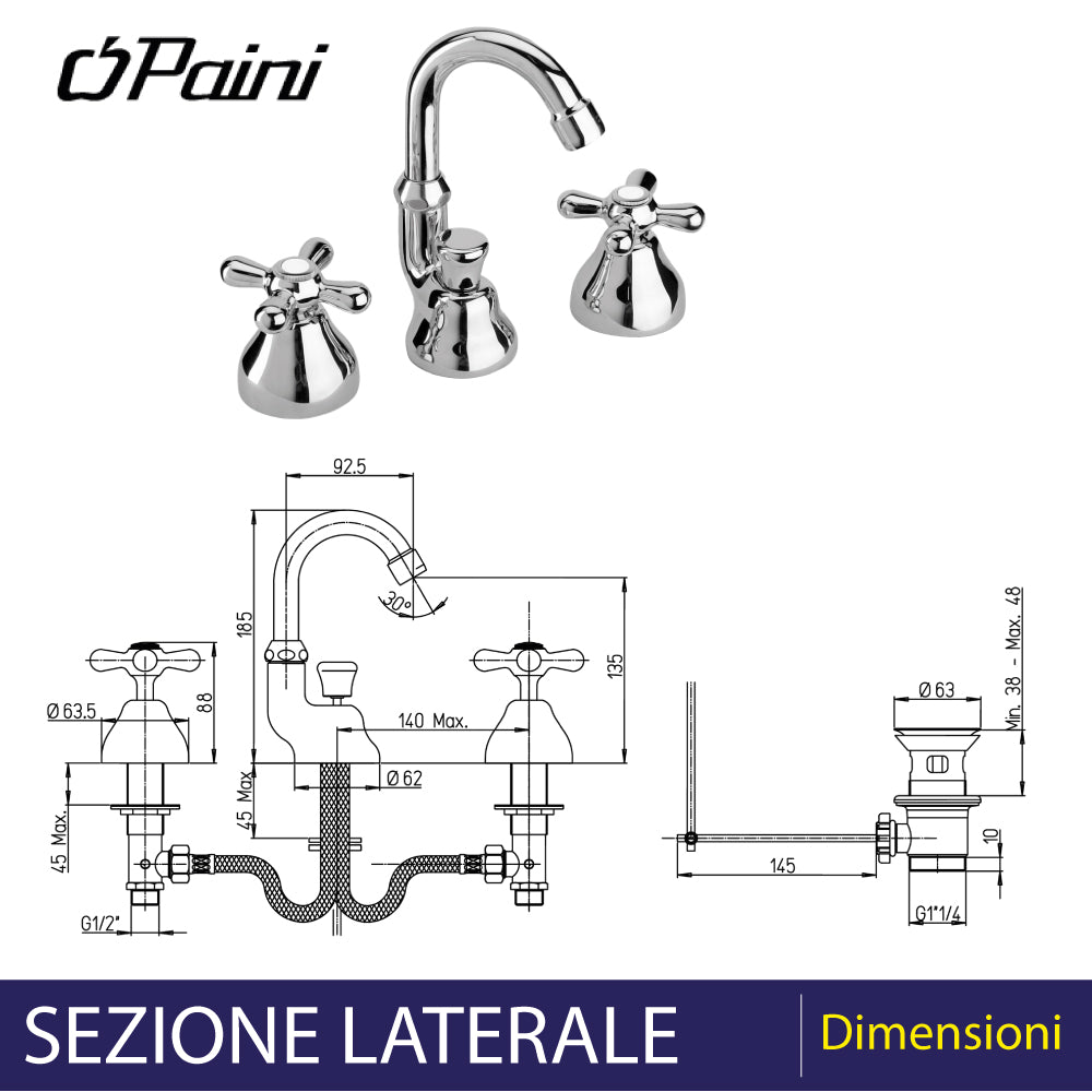 Batteria bidet a tre fori con bocca alta orientabile Liberty cromo + piletta 1"1/4 — Paini