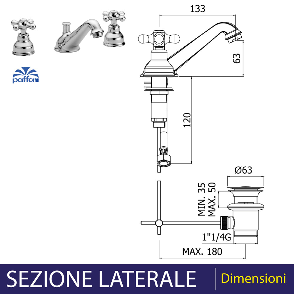Batteria lavabo bocca retrò iris cromo + piletta 1"1/4 — Paffoni