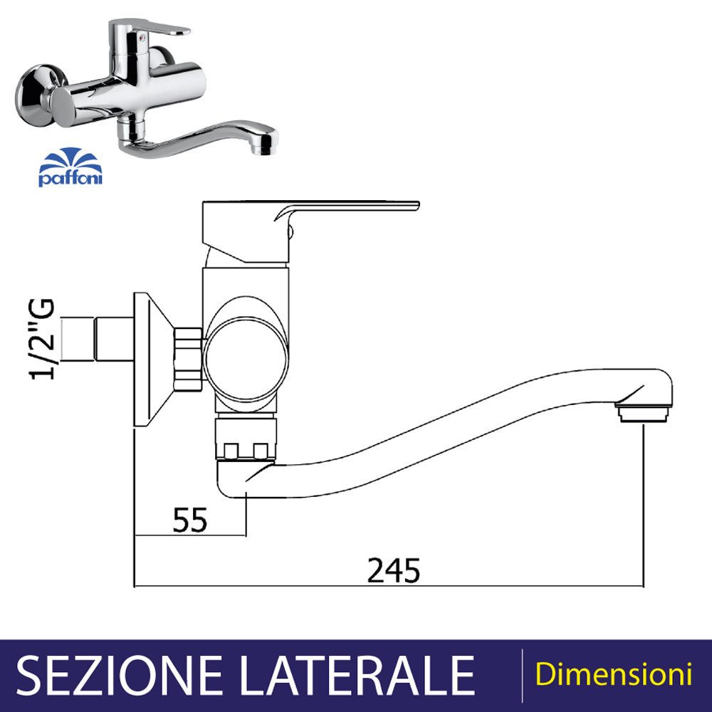 Miscelatore lavello a parete canna tubo serpente Blu cromo — Paffoni