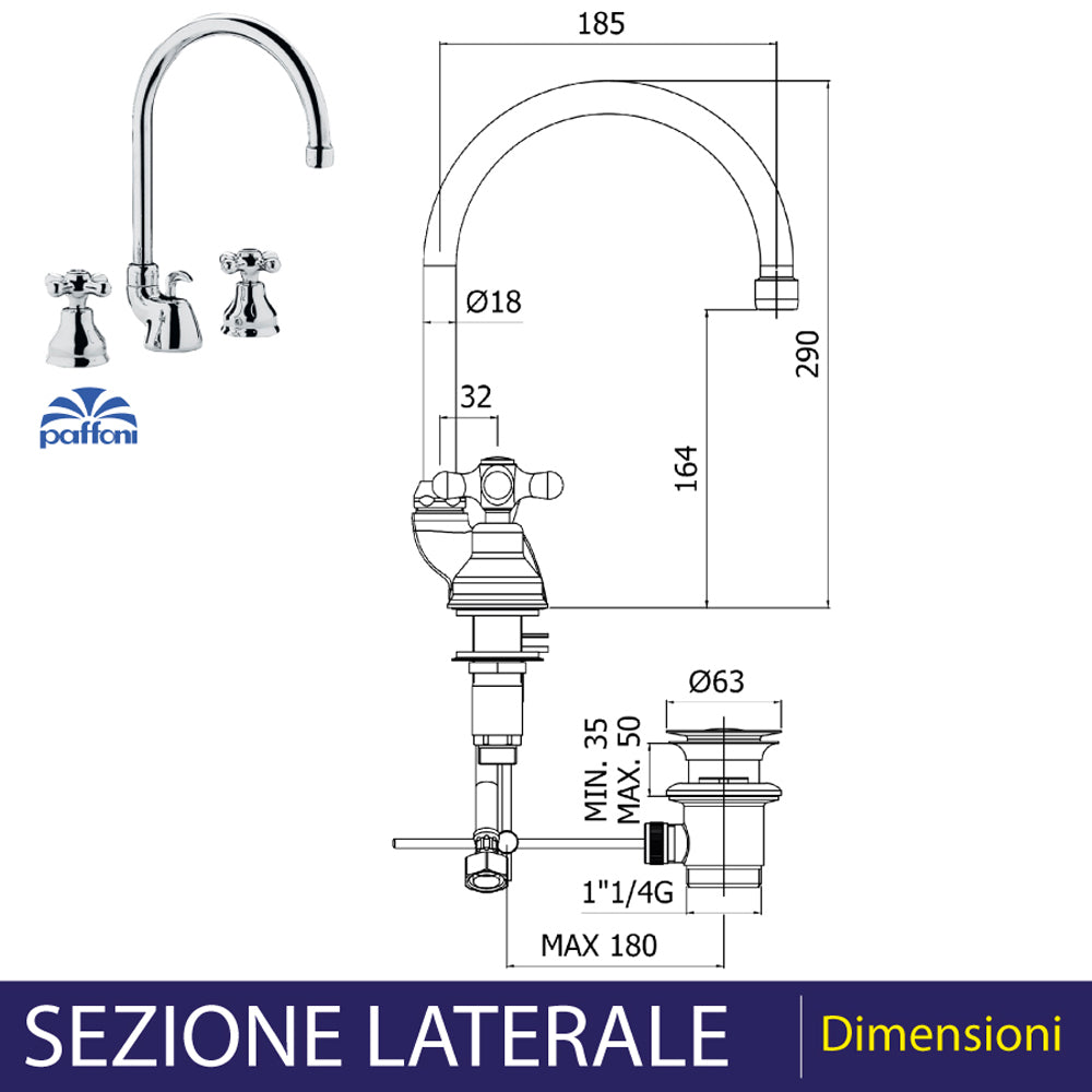 Batteria lavabo a bocca alta iris cromo + piletta 1"1/4 — Paffoni