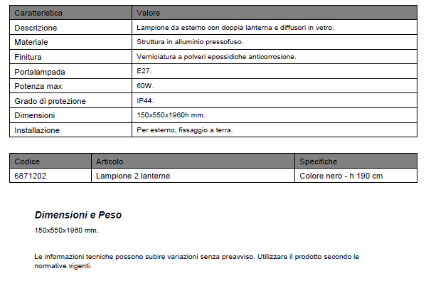 Lampione '4 facce 2 lanterne colore nero cm.190 — Cardinale