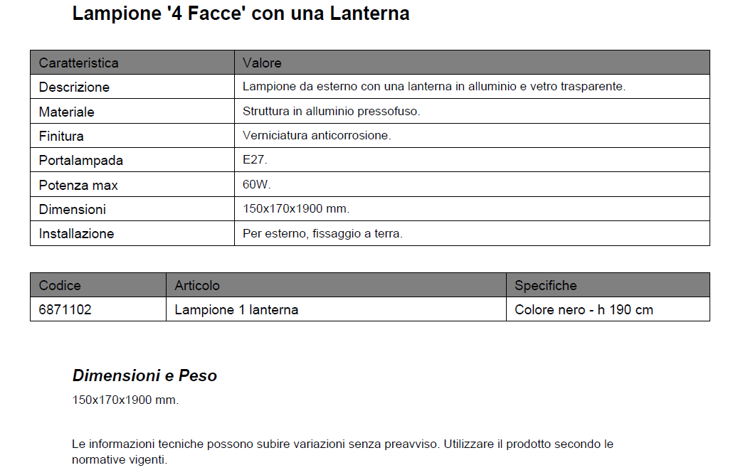 Lampione '4 facce con una lanterna colore nero cm.190 — Cardinale