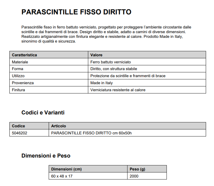 Parascintille fisso diritto 60x50h cm — MADE IN Italy