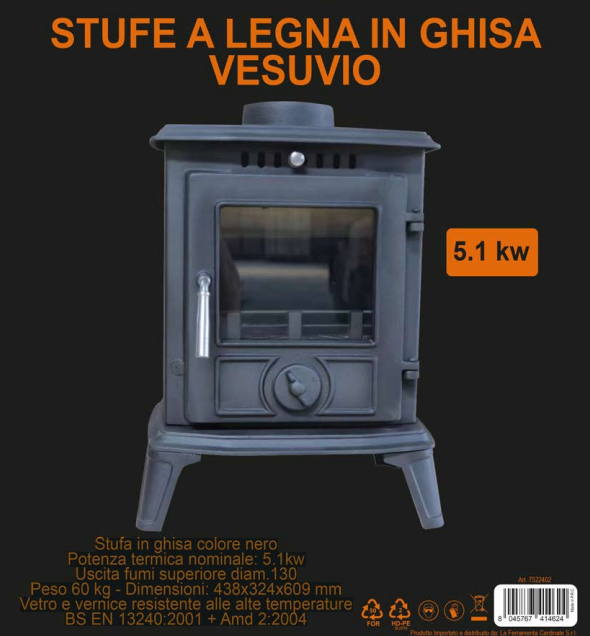 Estufa de leña de hierro fundido Vesuvio ideal star 438x324x609h mm — Cardinale
