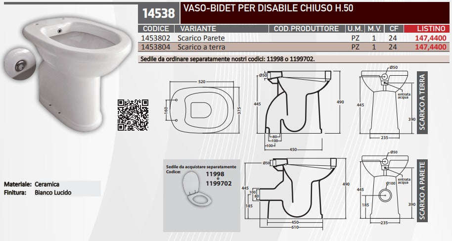Inodoro-bidé para persona con discapacidad cerrado Al.50 desagüe a pared