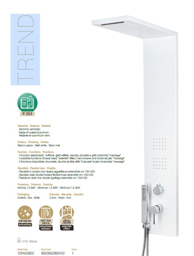 Colonna Doccia Pannello Bianco Opaco 4 Funzioni mod.Trend metaform - HD casa