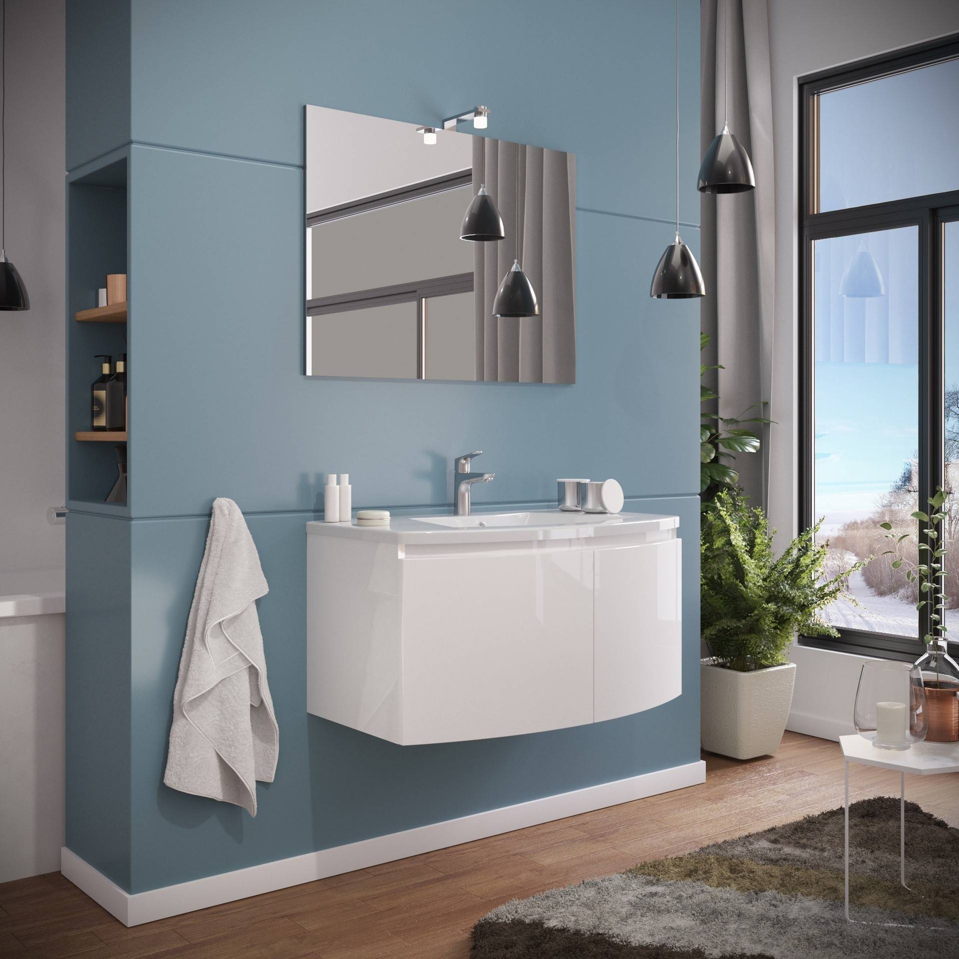 Composizione bagno 2 ante con lavabo in ceramica e specchio con lampada led - HD casa