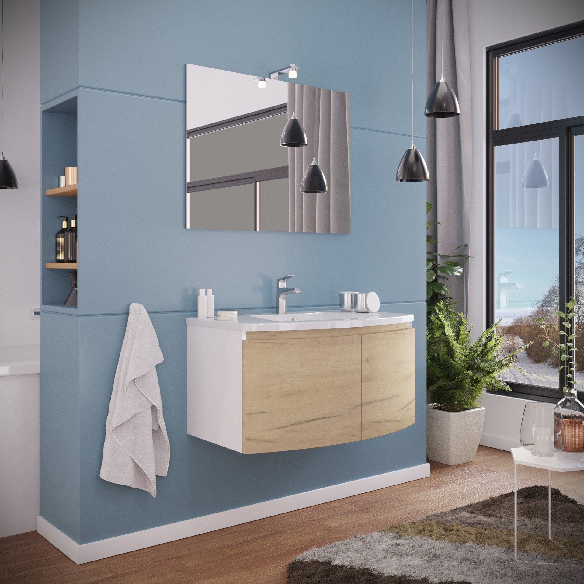 Composizione bagno 2 ante con lavabo in ceramica e specchio con lampada led - HD casa