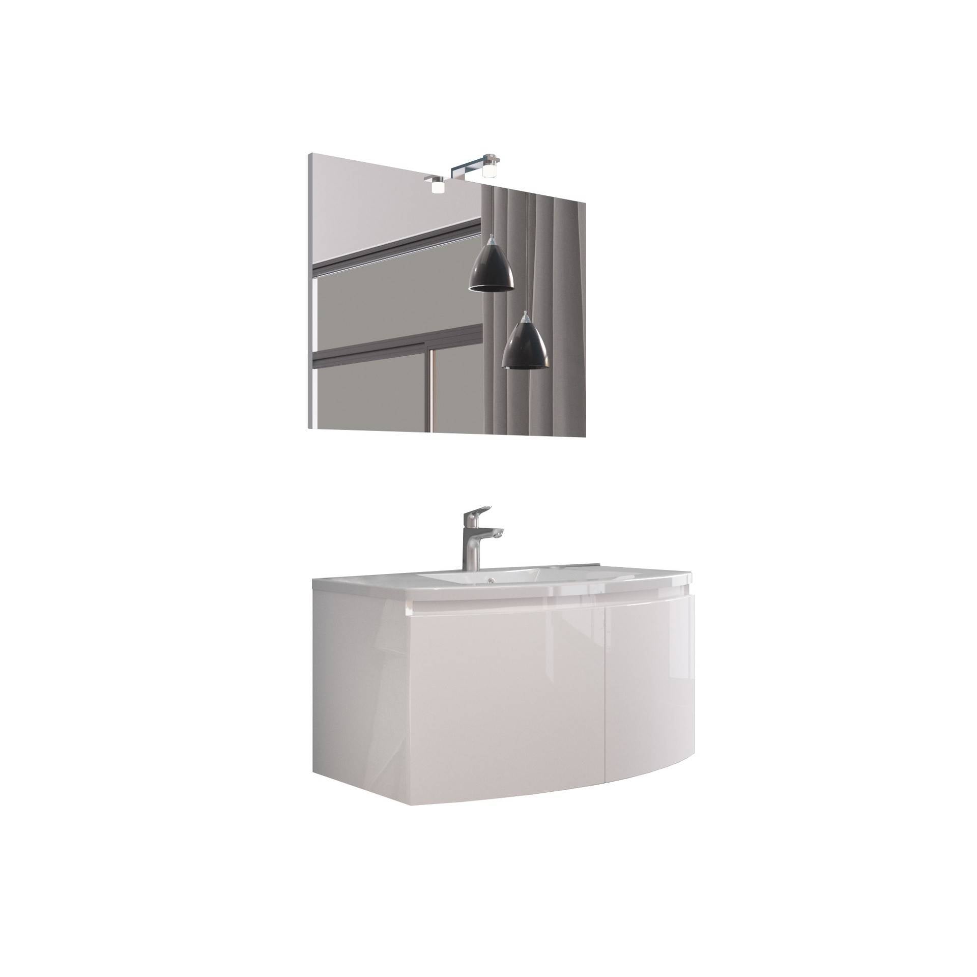 Composizione bagno 2 ante con lavabo in ceramica e specchio con lampada led - HD casa