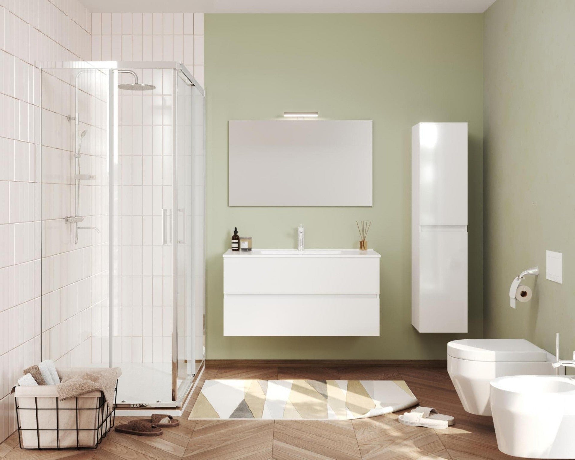 Composizione bagno 2 cassettoni bianco lucido con lavabo in ceramica e specchio con lampada led - HD casa