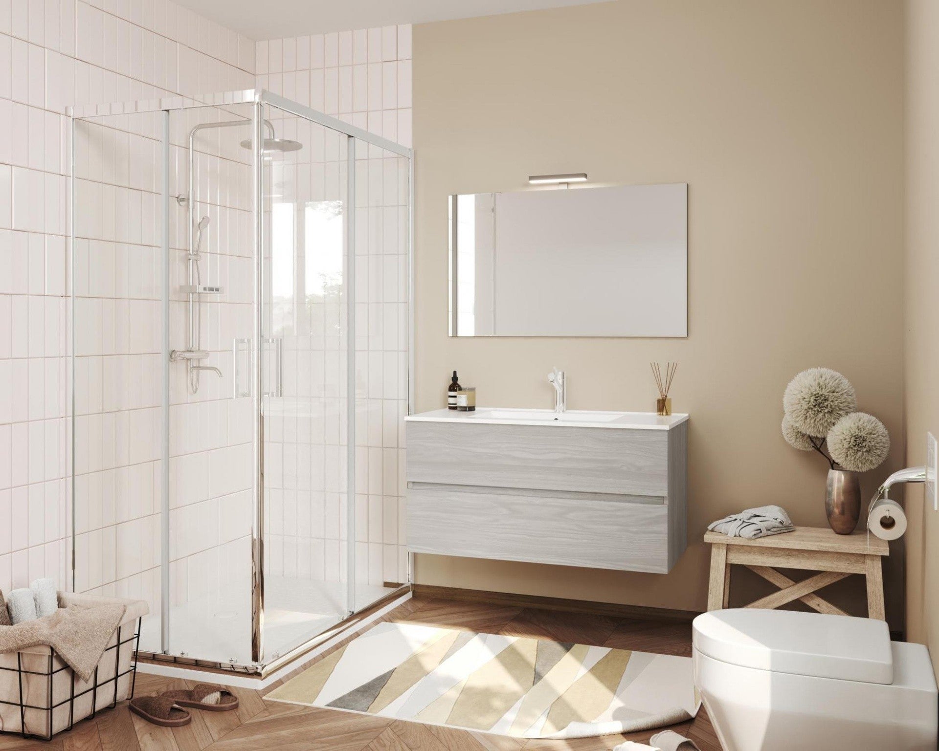 Composizione bagno 2 cassettoni da 100cm rovere grigio, lavabo in ceramica e specchio con lampada led - HD casa