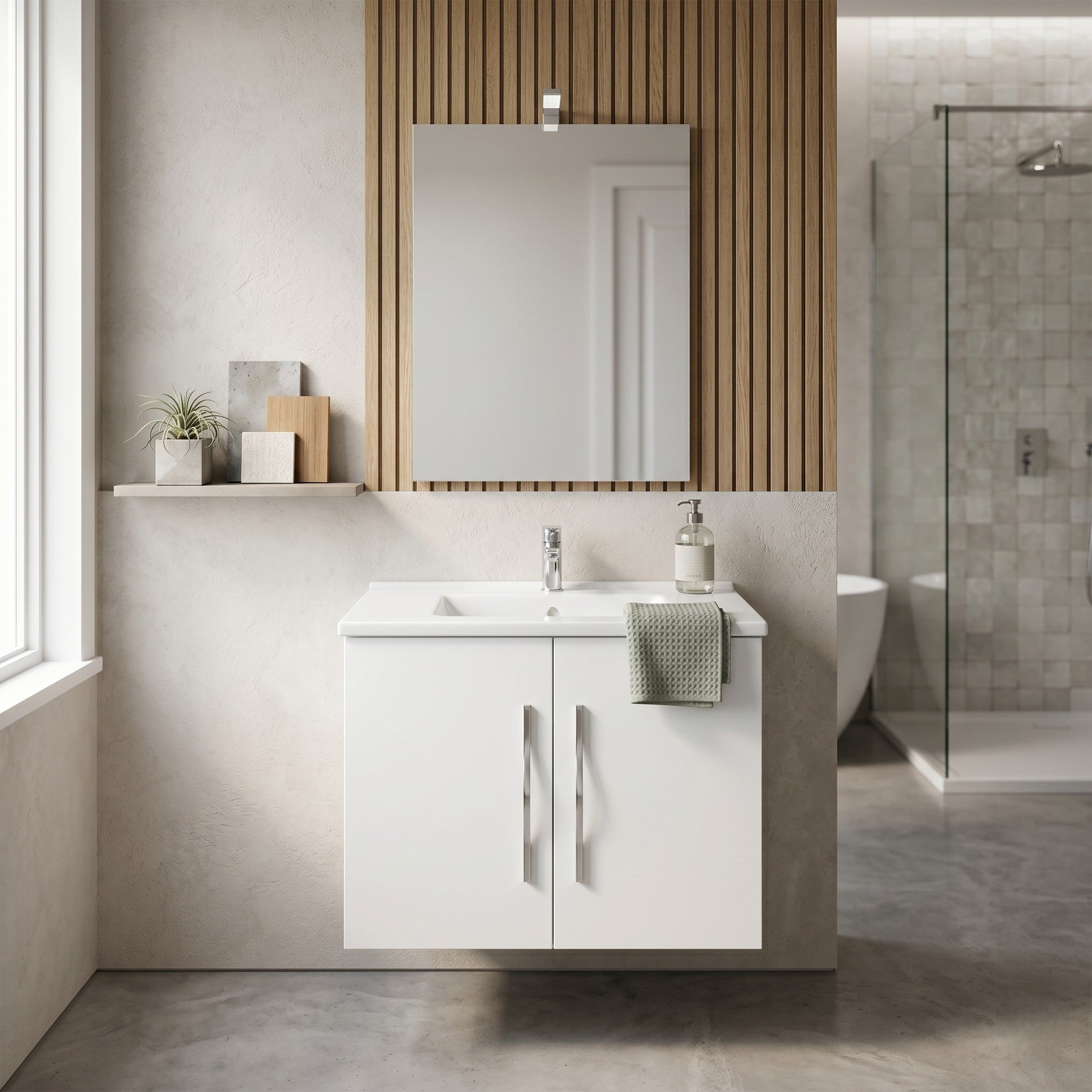 Composizione bagno 61cm , lavabo in ceramica , mobile e specchio con lampada modello Corallo 4052 - HD casa