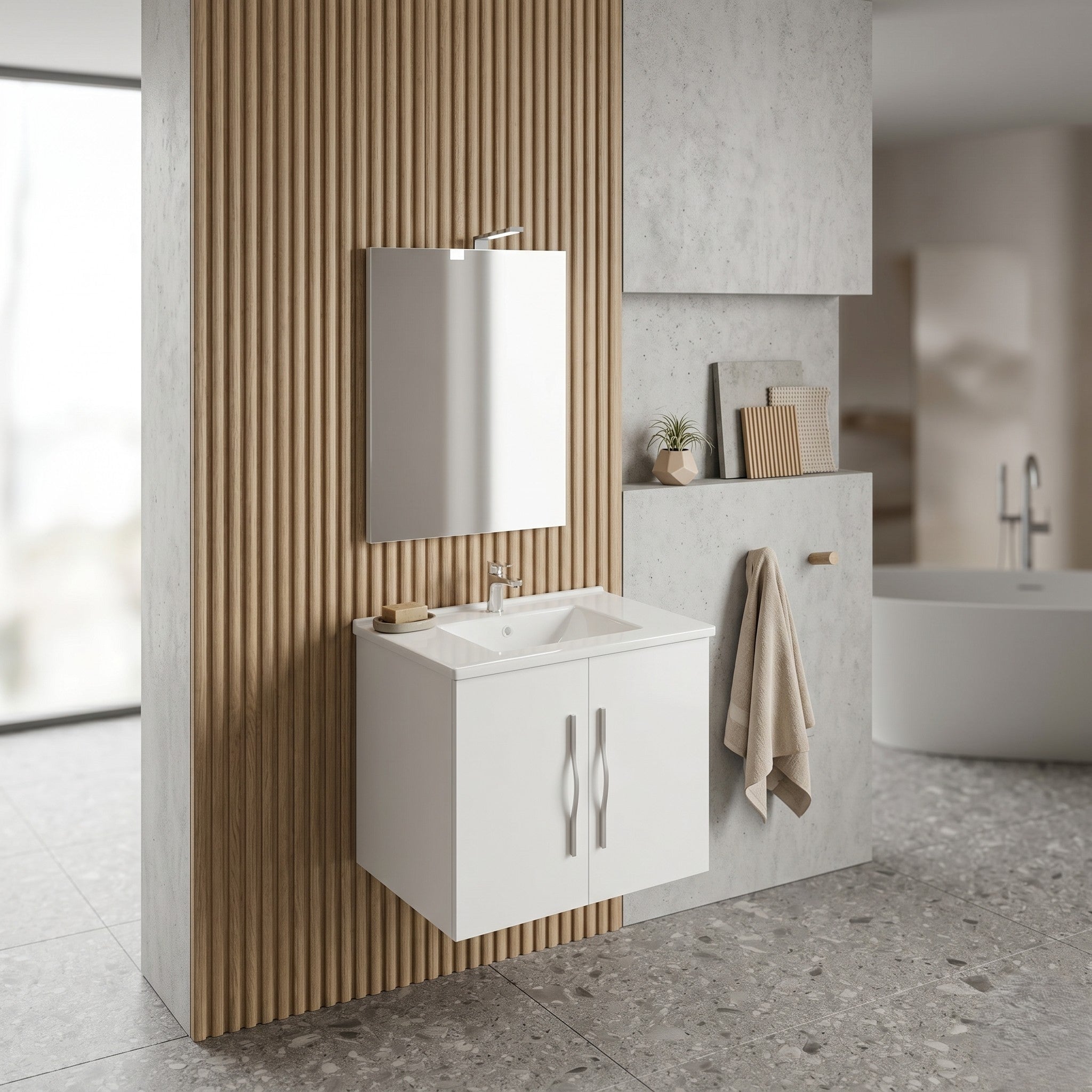 Composizione bagno 61cm , lavabo in ceramica , mobile e specchio con lampada modello Corallo 4052 - HD casa
